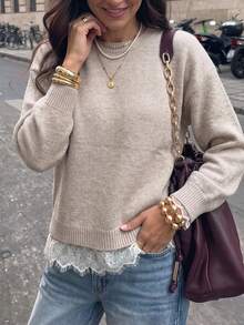Women's Casual Cute French Elegant Minimalist Contrast Lace Long Sleeves Knit Sweater Top Jumper Fall Winter Going Out Outfits Clothes Date Office - Apricot - View 7