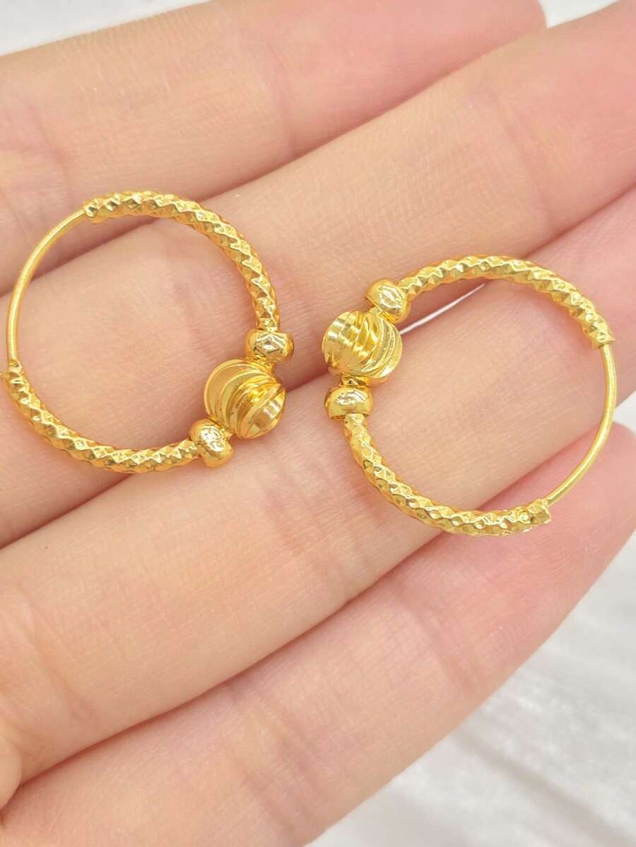 MESTILO 1 Pair Women's 24K Gold Plated Copper Hoop Earrings, Twisted Texture Round Hoop Earrings, Middle Eastern Style Fashion Jewelry - Gold - View 1