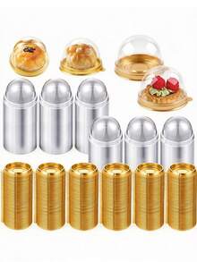 50pcs Transparent Plastic Mini Cake Boxes With Lids, Round Cupcake Holders, Egg Yolk Pastry Containers, Mooncake Dome Boxes, Baking Packaging Boxes, Kitchen Baking Tools - Gold - View 1