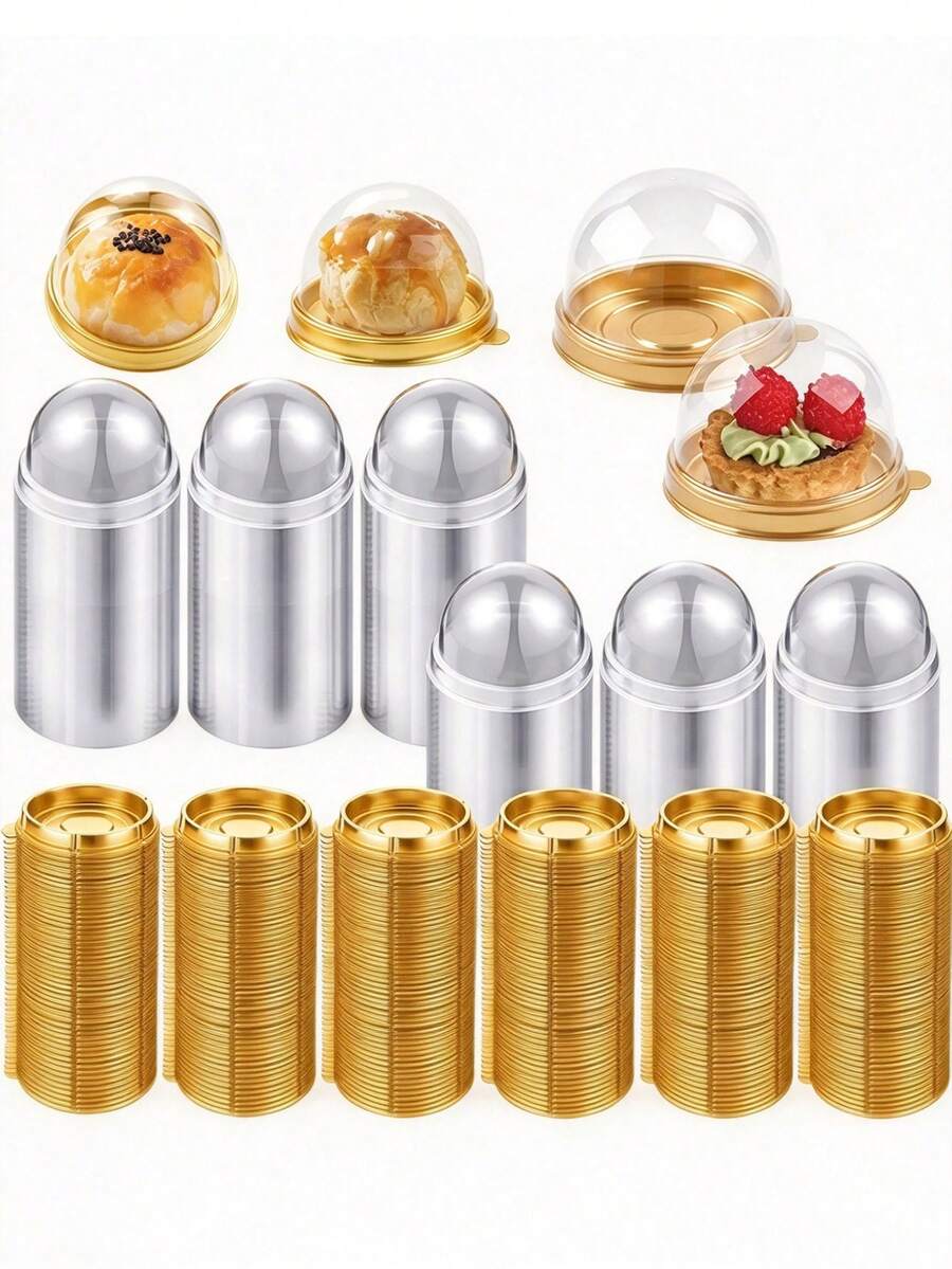 50pcs Transparent Plastic Mini Cake Boxes With Lids, Round Cupcake Holders, Egg Yolk Pastry Containers, Mooncake Dome Boxes, Baking Packaging Boxes, Kitchen Baking Tools - Gold - View 1