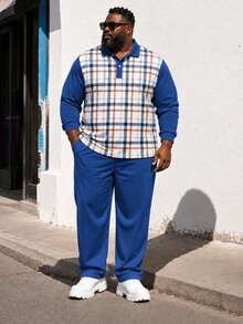 Men's Plus Size Autumn/Winter Patchwork Plaid Long Sleeve Polo Shirt And Pants Set - Blue - View 1