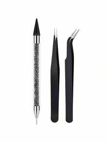1pc Rhinestone Picker Tool, Dual-Head Dotting Pen And 2 Pairs Of Tweezers (Pink, Pink) - Choose Black Or White, Suitable For Picking Up Rhinestones And Accessories For Nail Art And Rhinestone Decoration - Multicolor - View 2