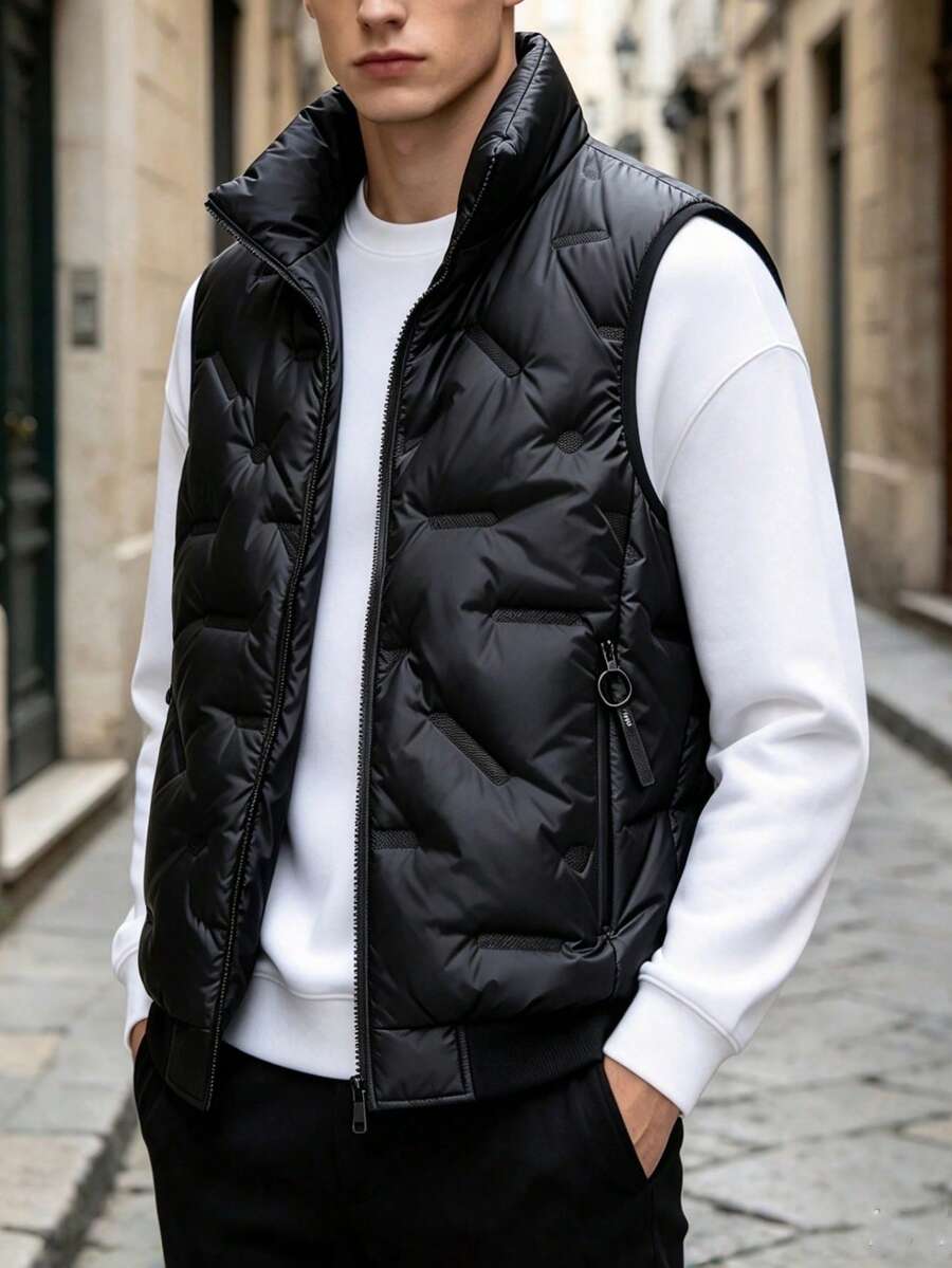 Men's Warm Sleeveless Cotton Padded Vest, Thickened Waistcoat Jacket - Black - View 1