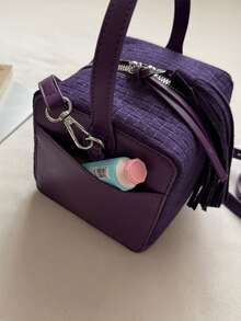 New Mini Purple Faux Suede Women's Handbag: Stylish Square Bag With Fringe Accents, Y2K-Style Shoulder Bag For Storing Phones And Change - Purple - View 11