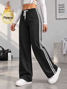 Women Thermal Lined Wide Leg Sweatpants Black Side Stripe Drawstring Elastic Waist Loose Fit Winter Track Pants - Black - View 7