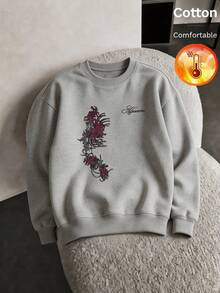 Men's Thermal Lined Crew Neck Sweatshirt With Printed Text Decoration, Y2K Style, Autumn/Winter - Heather Gray - View 2