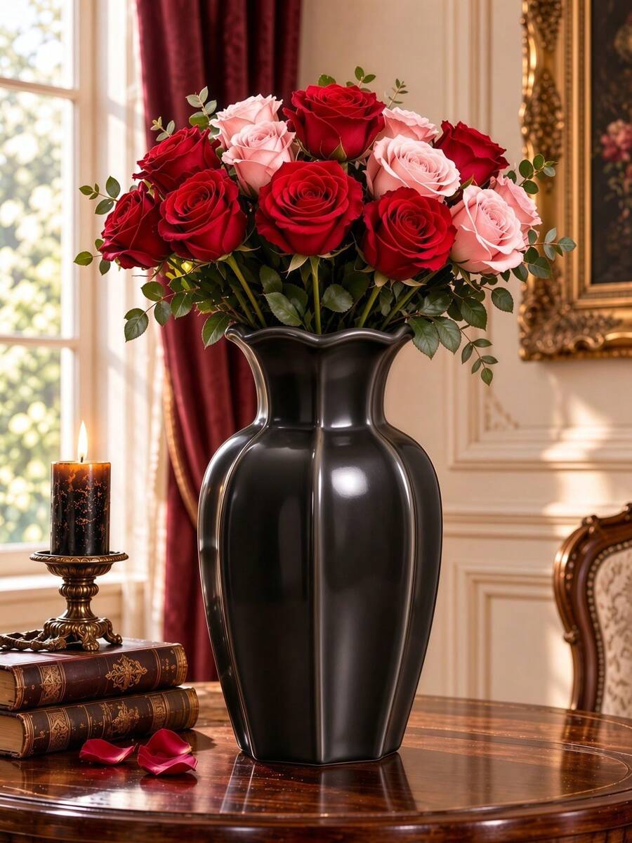 1pc Vintage European Style Wavy Curved Vase, Large Capacity Floral Container, Living Room Tabletop Decor Vase, Valentine's Day & Housewarming Decoration - Octagonal Vase - View 1