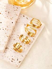 4pcs Minimalist Luxury Stainless Steel Gold Open Ring Set, Geometric Design, Women's Daily, Date, Holiday, Engagement, Wedding, Gift Jewelry - Gold - View 2