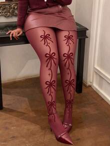 1 Pair Women's Plus Size Christmas Holiday Style Printed Bow & Star Thin Tights - Multicolor - View 7