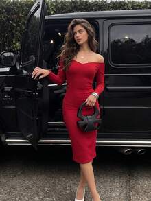 QUNGIGU Women's Elegant Cold Shoulder Pencil Dress Set, Suitable For Outings, Dates, Evening Parties And Christmas - Red - View 2
