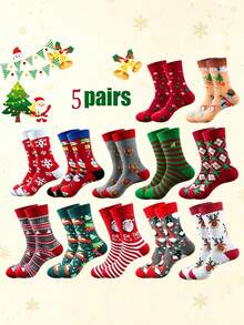 5 Pairs Men's Christmas Cartoon Print Mid-Calf Socks, Holiday Home Party Style - Multicolor - View 8