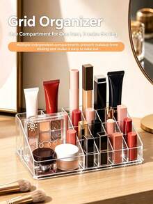 1pc Clear Cosmetic Organizer, Tilted Multi-Layer Makeup Storage Rack For Lipstick, Serums, Brushes, Bathroom & Vanity Display Shelf, Multi-Size Option (9/12/16 Grid) - Clear - View 3