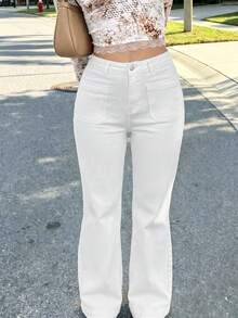 Plus-Size Women's Casual Flared Jeans With Pockets And Buttons, Perfect For Everyday Wear, Parties, Halloween, Or Dates In A Y2K Style. - White - View 4