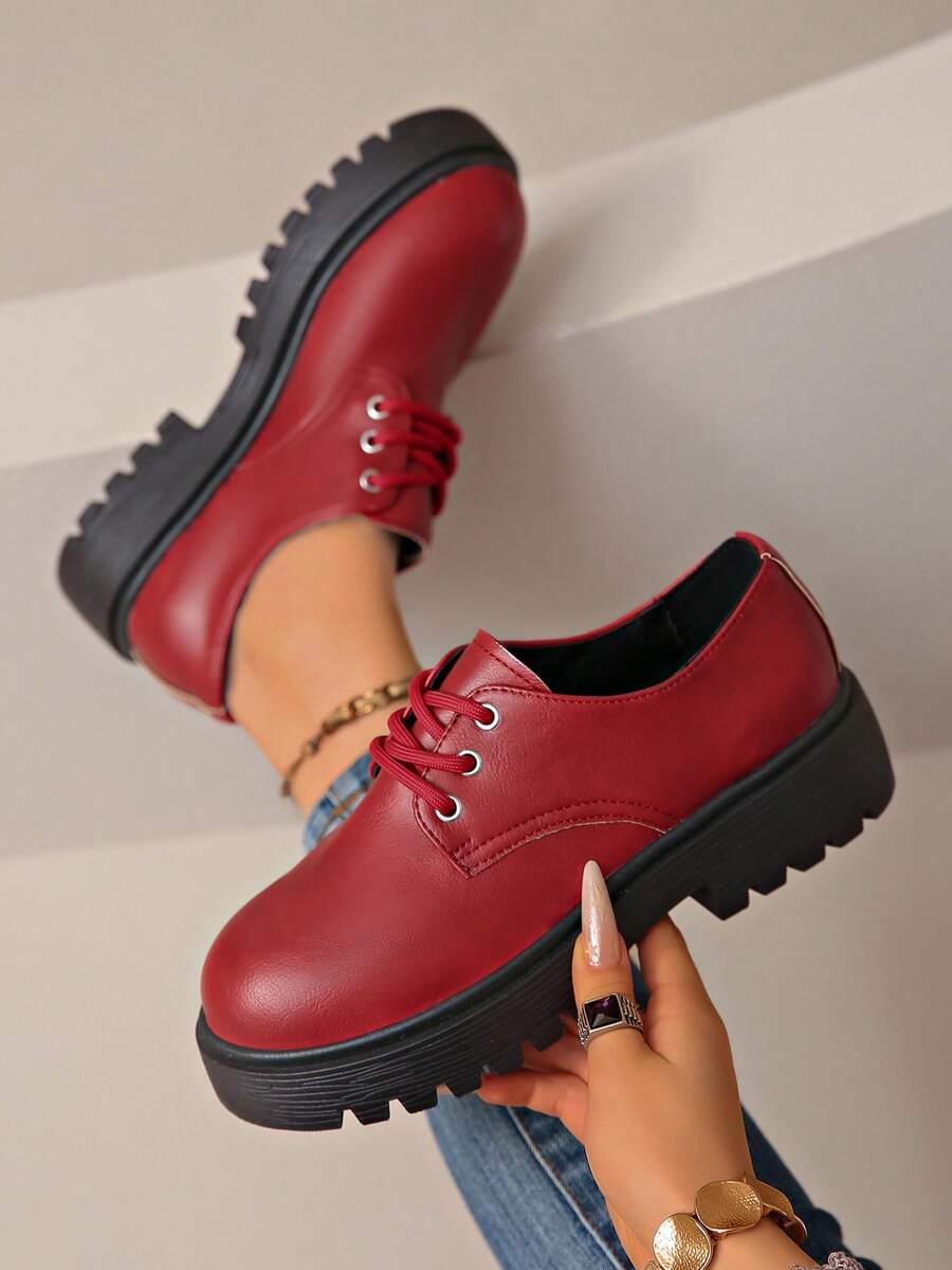 Women's British Style Metal Buckle Thick Sole Loafers, Height-Increasing Chunky Heel Slip-On Matte Leather Shoes - Red - View 1