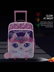 Girs Wheeled Suitcase, Pink Double-Sided Cartoon Kitty Cat Sequins Design, Carry-On Suitcase, Suitable For Weekend Vacation, Nighttime Reflective. - Pink - View 11