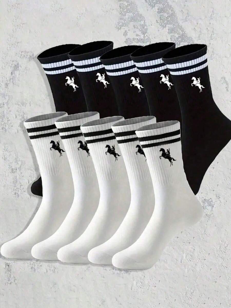 1/5/10 Pairs Unisex Knee-High Striped Socks With Horse Pattern, Soft And Comfortable. Suitable For Sports, Daily Wear Or Outdoor Activities, Versatile For All Seasons. - Multicolor - View 1