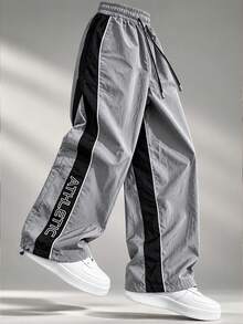 1pc Men's Sporty Lightweight Loose Wide Leg Sweatpants, Light Gray Woven Joggers With Side Contrast Color Letter Print And Convertible Cuffs, Suitable For Daily Casual Wear, Jogging, Fitness, Christmas Gift Choice - Black - View 2