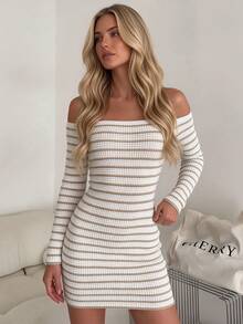 Women's Off-Shoulder Horizontal Striped Knit Bodycon Mini Dress, Minimalist Sexy Style Sexy Shoulder-Baring Dress - Apricot - View 2