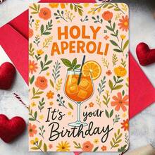 Vibrant Floral Design And Aperol Spritz Cocktail Illustration Birthday Greeting Card, Perfect For Friends, Family And Colleagues To Celebrate Their Special Day In A Stylish And Fun Way. Includes Envelope And Card. - Linen Red Envelope - View 17