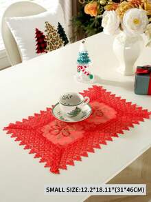 1pc 100% Polyester Beige & Red French Country Style Christmas Table Runner, Organza Fabric With Gold Bell & Floral Embroidery, Crocheted Lace Edge With Tassels, Christmas Party Holiday Table Decor - Red - View 16