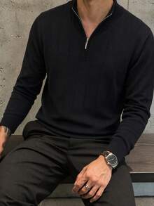 Sweater Polo Pria Musim Gugur/Dingin Serbaguna Bergaris Potongan Slim Fit Bahu Reguler Kerah Resleting Lengan Panjang - Hitam - View 2