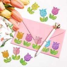 500 Stickers/Roll Glitter Tulip Flower Stickers, Colorful Self-Adhesive Decorative Labels For DIY Journal, Gift Wrapping, Water Bottle, Notebook, Envelope, Photo Frame, Kids Reward Decals - Multicolor - View 4