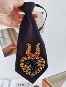 1pc Heart Party Polyester (Polyester) Necktie, All Season Vintage Baroque Beaded Rhinestone Pre-Tied Necktie, Gold Embroidery Heart Decoration Necktie, Women's Eye-Catching Shirt Accessory, Evening Party - Black - View 4