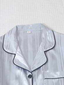 2pcs Satin Striped Pajama Set, Sweet & Cute Lapel Button Long Sleeve Top And Pants, Women's Sleepwear And Loungewear For Home Use - Grey - View 4