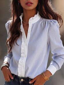 Women's Striped Ruffle Collar Puff Sleeve Long Sleeve Blouse, Fashion Stand Collar Top, Regular Length, Casual Autumn Collegiate Style - Blue + White - View 3