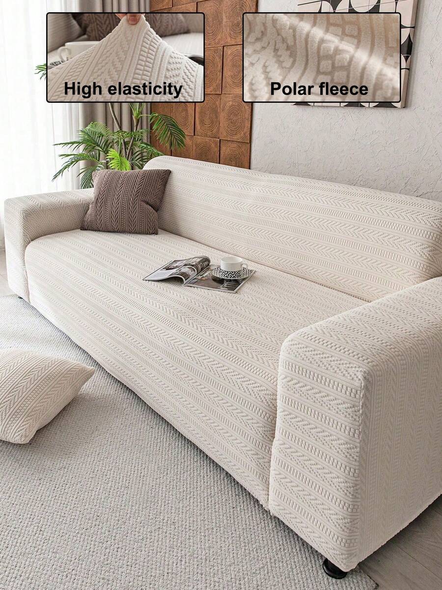 1pc Plush Velvet Stretch Sofa Cover, Pet-Friendly Non-Slip , Machine Washable Colorfast, Holiday Decor Adds Ambiance Protects Sofa, Fits 1/2/3/4 Seater Sofa, Comes With Anti-Slip Stick - Beige - View 1
