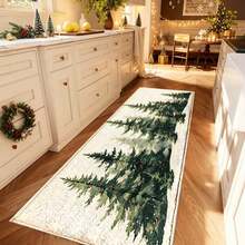 1pc Christmas Series Watercolor Deep Green Cedar And Red Berry Print Faux Cashmere Surface TPR Bottom Doormat, Bathroom Mat, Kitchen Mat, Laundry Room Mat, Holiday Atmosphere Decor, Home Decor, Party Decor, Wedding Decor, Dining Kitchen Decor - Multicolor - View 3