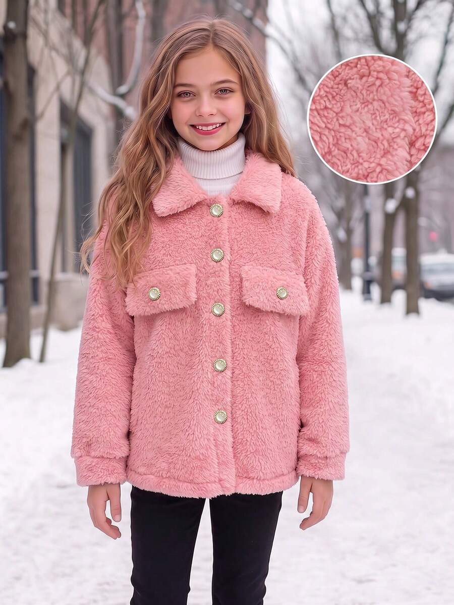 Girls' Fashion Casual Utility Fleece Jacket With Turn-Down Collar, Double Pockets And Single-Breasted Buttons, Autumn/Winter - Pink - View 1