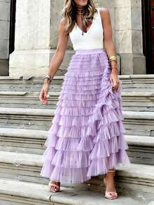New Arrival French Style Long Skirt For Women, Elegant Solid Color High Waist Tulle Puff Skirt, Autumn Vacation - Pinkish-purple - View 4