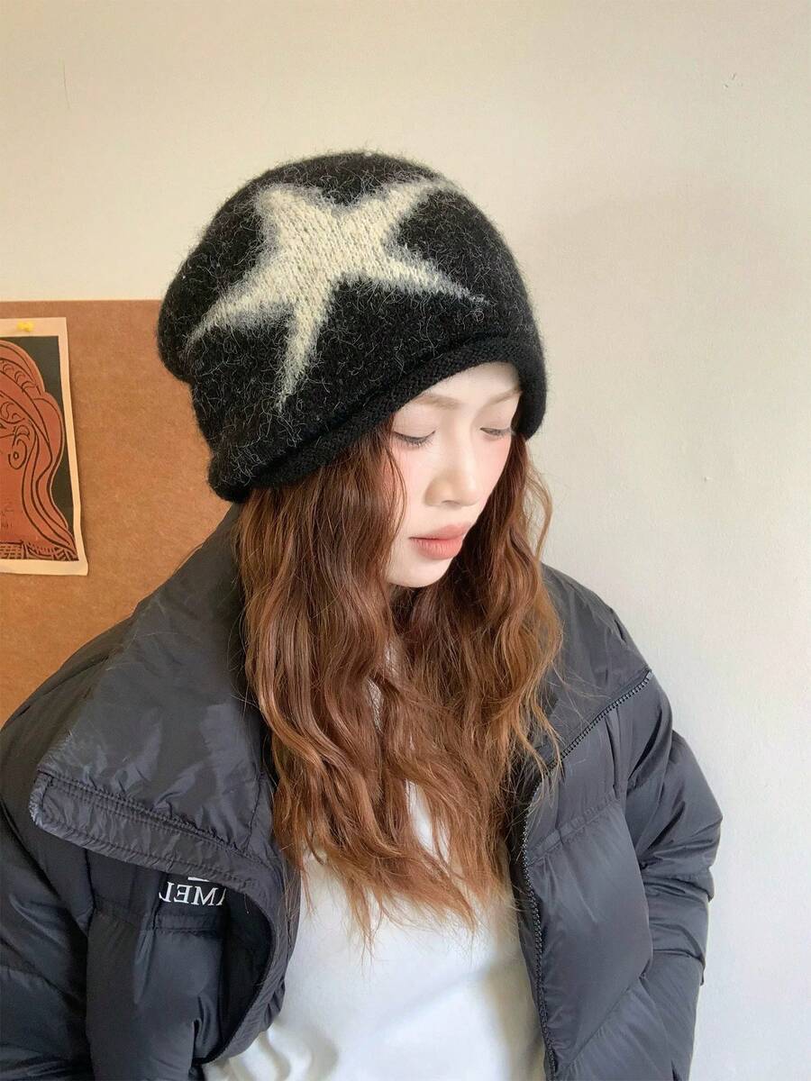 MESHUOKAI Punk Street Style Five-Point Star Print Knitted Beanie, Soft Warm Loose Knit Hat, Y2K Cyber Style Daily Outdoor Autumn Winter Headwear