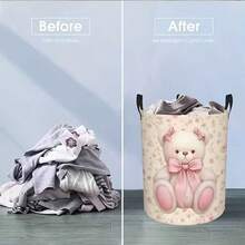 Retro Floral Cute Teddy Bear Print Storage Bin, Pink Big Bow Foldable Laundry Basket With Handle, Baby Room Toy And Dirty Clothes Storage Basket - Pink - View 6