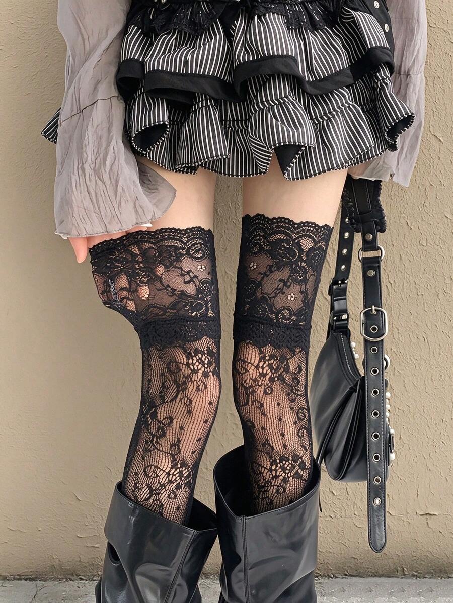 Women's Black Hollow Lace Over-The-Knee Socks, High Elasticity Anti-Slip, French Sexy High Heel Matching Long Socks - Multicolor - View 1