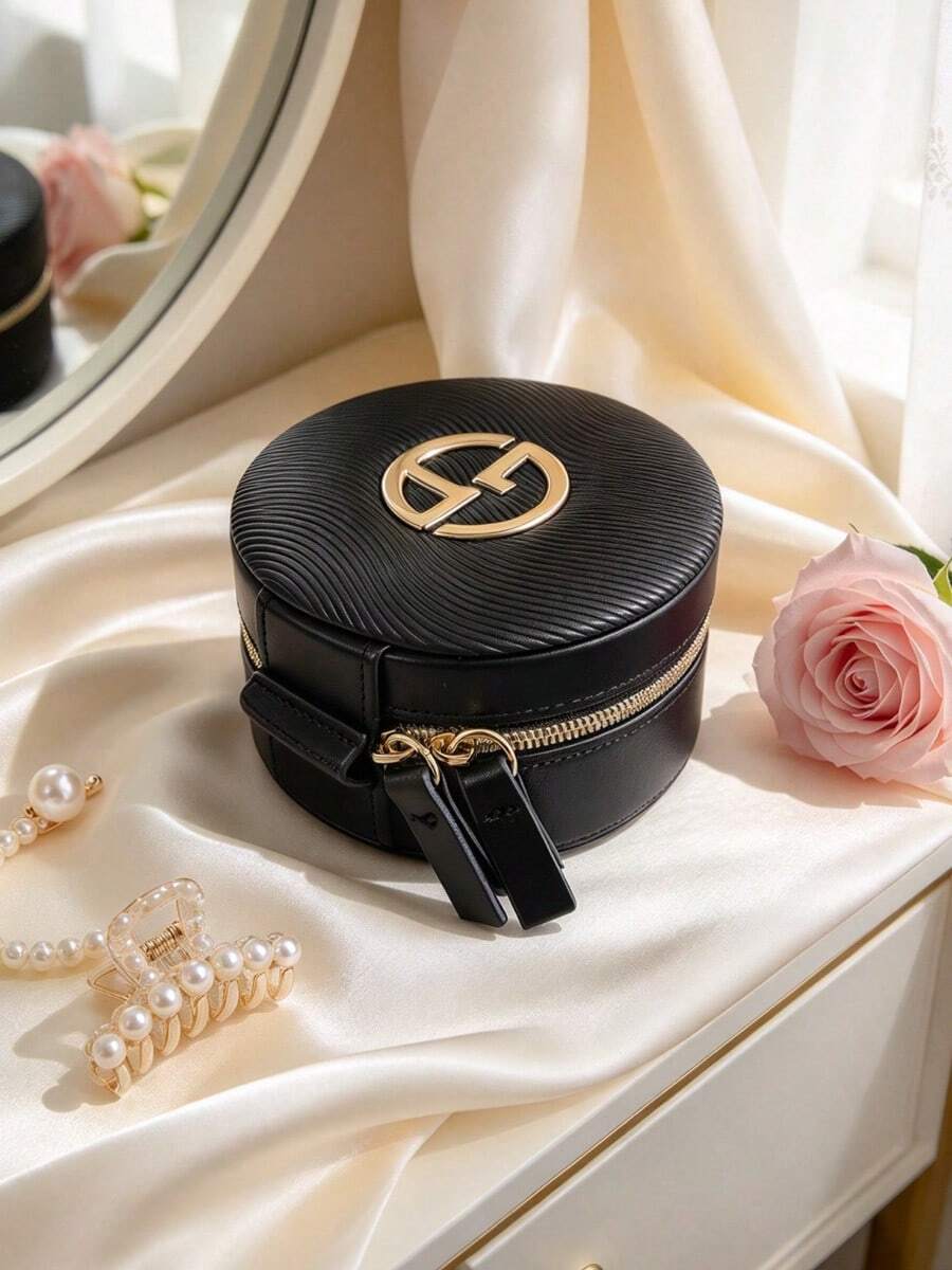 Armani Round Cosmetic Bag Portable Travel Makeup Storage Case Zipper Jewelry Box For Women Gift - Black - View 1