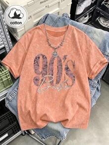 Women's 90s Vintage Print T-Shirt, Casual Short Sleeve Crew Neck Washed Top (Suitable For All Seasons), Orange, Women's Autumn Clothing Summer - Orange - View 1