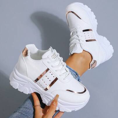 Women's Luxury White Rose Gold Glossy Trim Chunky Sneakers, Rose Gold Glossy Trim With Perforated Design On Upper, Lace-Up Low-Top Style, Thick Sole With Inner Height Increase, Lightweight Feel For Daily Wear, Dating, Commuting And Casual