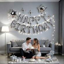 18pcs Silver Birthday Banner, Five-Point Star & Four-Point Star Foil Balloon Set, Suitable For Birthday Party Decoration, Theme Party Setup, Birthday Atmosphere Decor, Bachelor Party Setup, Coming Of Age Ceremony, First Birthday - View 2