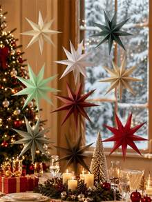 1pc Elegant Christmas Paper 9-Pointed Star, Built-In Hanging String Design, Reusable Party Decoration, Christmas Tree Ornament, Room Wall Hanging, Home Decor, Christmas Home Decoration, Garden Holiday Party Wedding Decoration - Multicolor - View 3