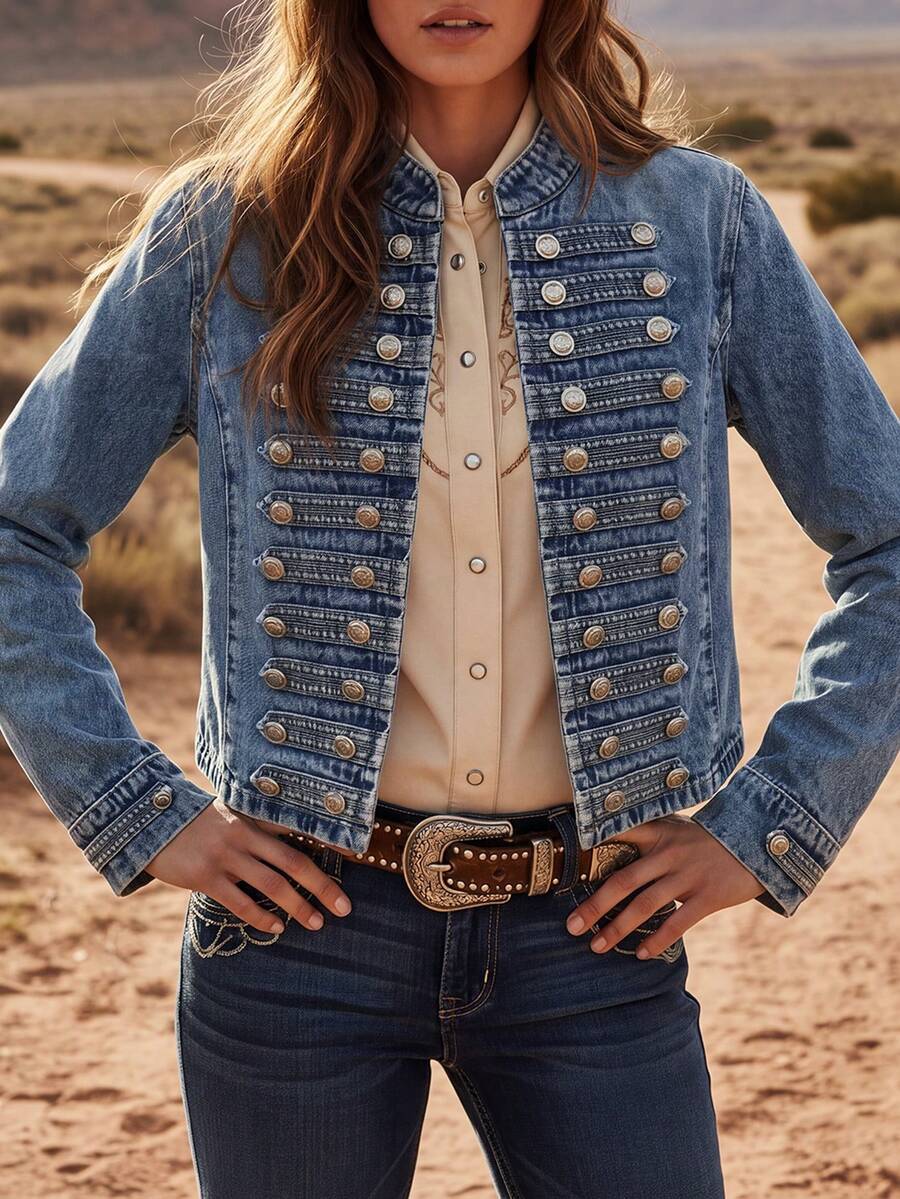 Women's Vintage Street Casual Stand Collar Button Denim Jacket, Long Sleeve Regular Fit - Medium Wash - View 1
