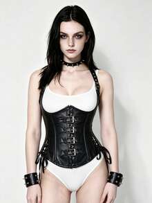 Lounge Court 1pc Women's Halter Neck PU Leather Waist Slimming Corset Top - Black - View 3