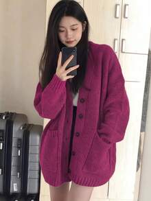 Alicedudu Women's Autumn/Winter Loose Minimalist Button-Up Cardigan With Large Pockets Fall - Hot Pink - View 6