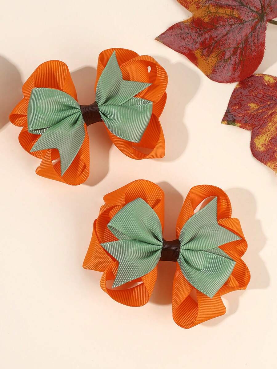 2pcs Thanksgiving Bow Hair Clips For Kid Girls, Cute Orange Cartoon Barrettes For Thanksgiving Gatherings, Gift, Children Girls' Hair Accessory. - Multicolor - View 1