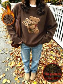Plus-Size Women's Knitted Sweater, Plush Teddy Bear Print, Casual, Crew Neck Long Sleeves, Suitable For Autumn And Winter Wear. - Brown - View 1