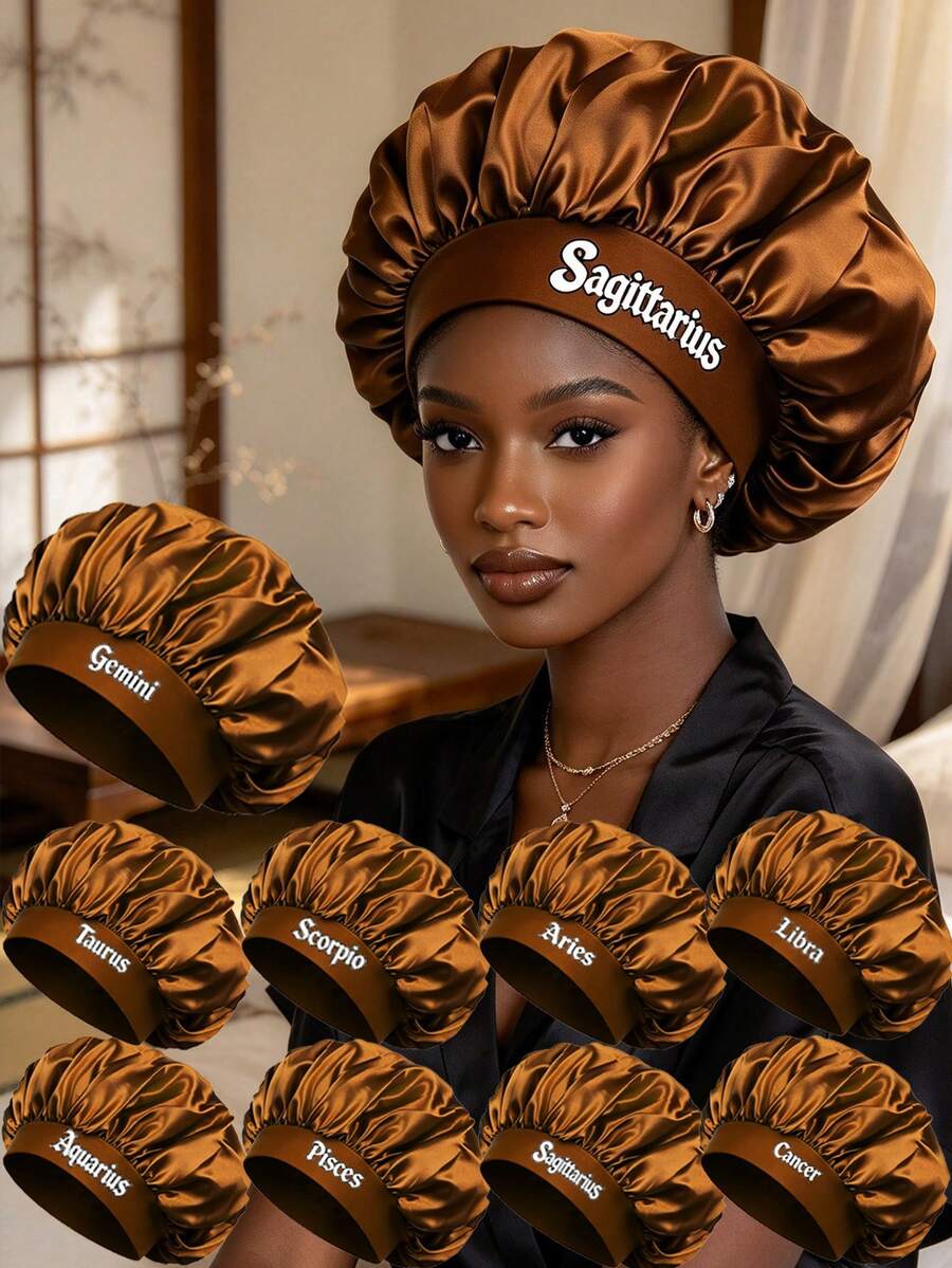 1pc Women's Zodiac Satin Hair Bonnet, 12 Zodiac Letter Sleep Cap, Loose Elastic Band Silky Hair Protection Night Cap, Elegant Headwear - Khaki - View 1