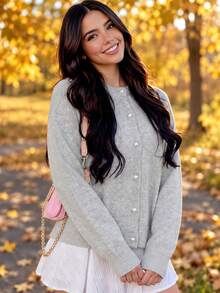Women's Grey Knit Cardigan, Sweet & Spicy Style, Decorated With Pearl Buttons, Long Sleeve Casual Round Neck Sweater, Suitable For Spring Wear, Ribbed Knit Detail, Regular Length - Grey - View 4