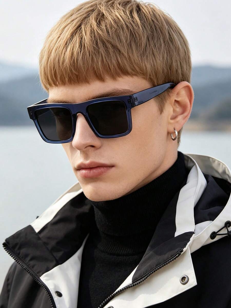 1 PC Men's Simple Square Fashion Glasses Solid Color Frame PC Material Gray Lens Modern Casual Style For Daily Commute Outdoor With Glasses Box - Multicolor - View 1