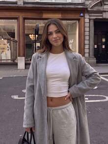 Women's Fashion Grey Tweed Mid-Length Coat With Pointed Collar And Long Regular Sleeves, Suitable For Autumn Fashion Outfits - Grey - View 5